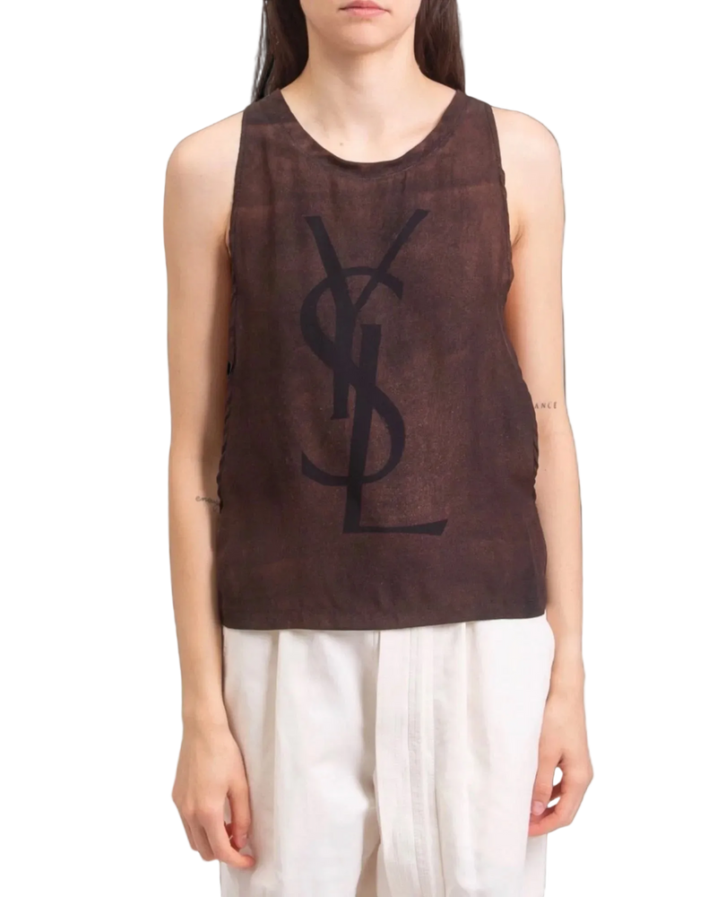 Yves Saint Laurent Rive Gauche Silk Logo Canotta — Brown, Size S