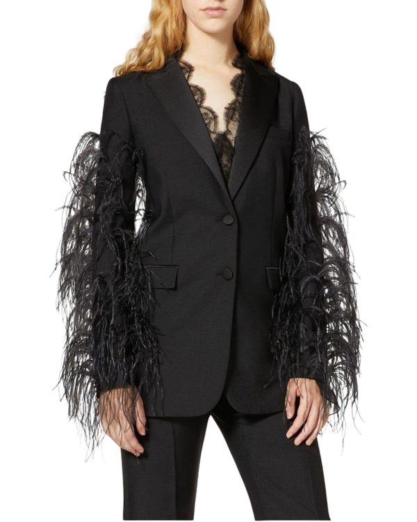 Valentino Garavani Ostrich Feather Mohair Tuxedo Jacket — Black, Size IT 40 / US 4