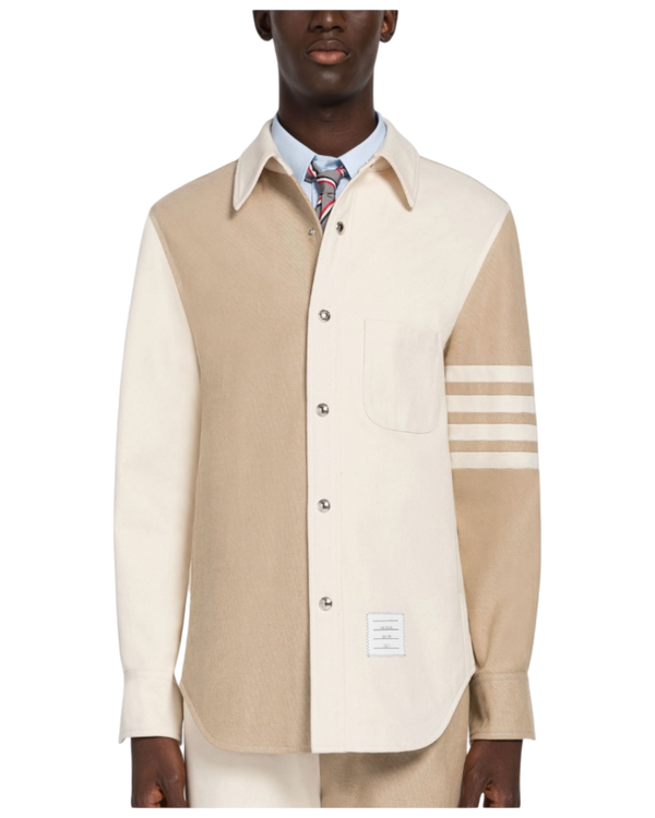 Thom Browne Funmix 4-Bar Snap-Front Overshirt in Selvedge Denim — Khaki/Ivory, Size TB 0 / S