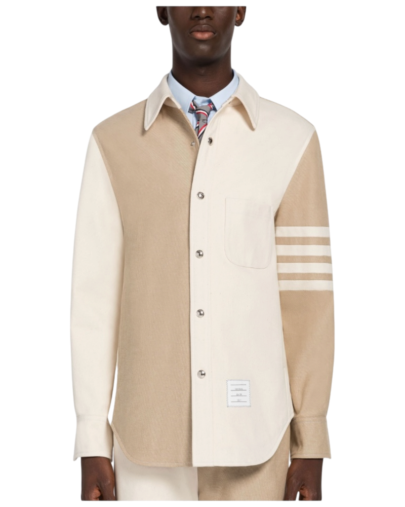 Thom Browne Funmix 4-Bar Snap-Front Overshirt in Selvedge Denim — Khaki/Ivory, Size TB 0 / S
