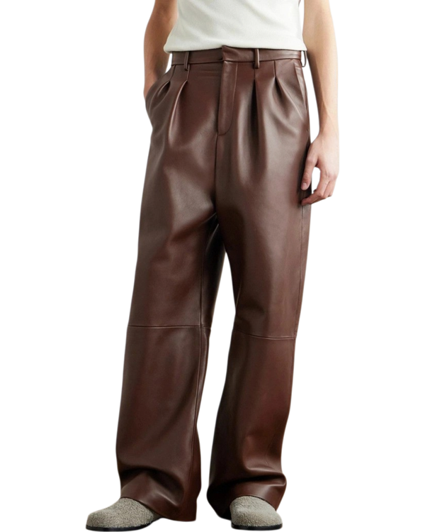 Loewe Pleated Lambskin Straight-Leg Trousers — Brown, Size IT 48 / US 38