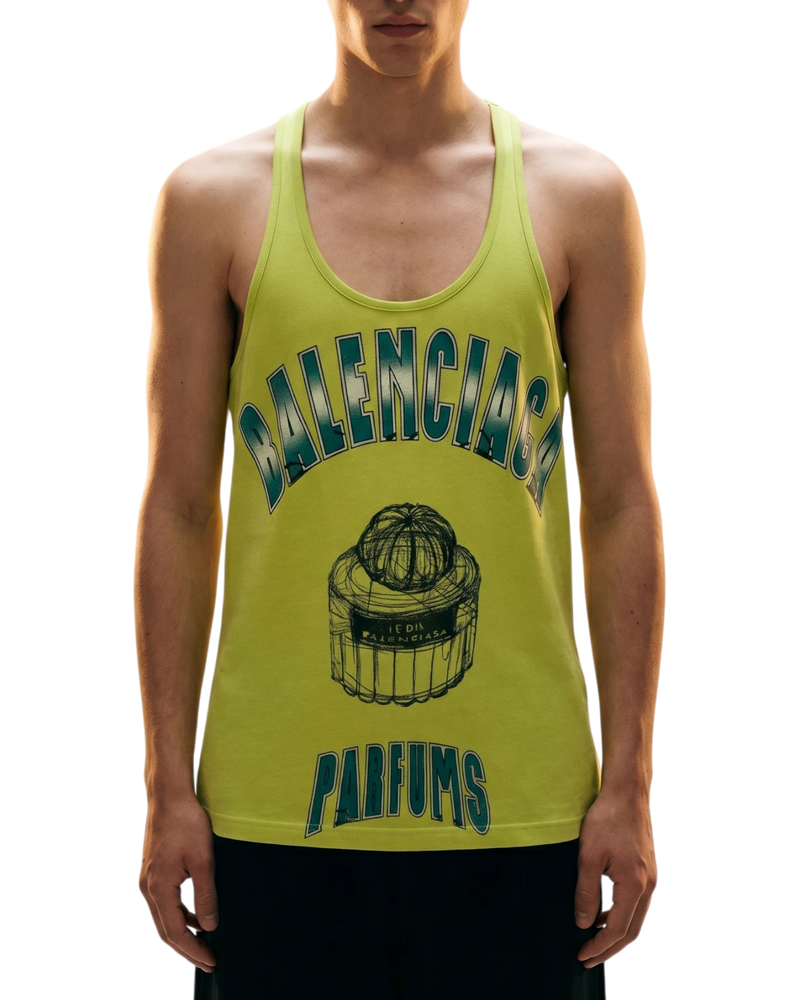 Balenciaga 2004 Le Dix Parfums graphic tank top in lime green on model, arched Balenciaga Parfums print and bottle graphic