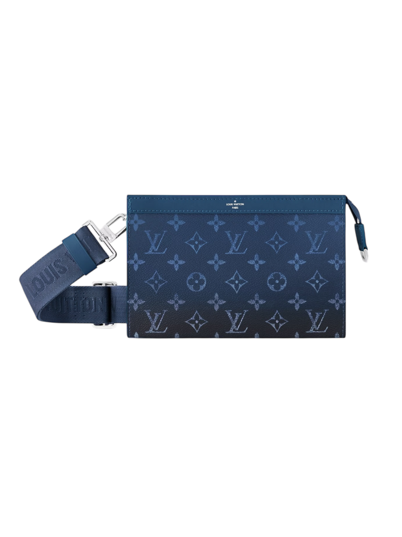 Louis Vuitton Gaston wearable wallet in blue monogram, front view with silver hardware and LV logo shoulder strap