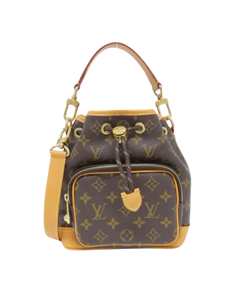 Louis Vuitton Monogram Noé Cargo Bag, front view with zip cargo pocket, drawstring top and tan leather trim