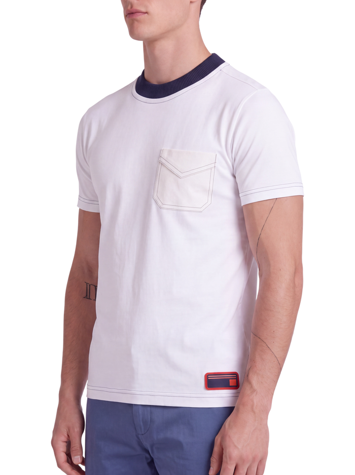 Prada Optic White Cotton Jersey T-Shirt — Navy Rib Collar, XS