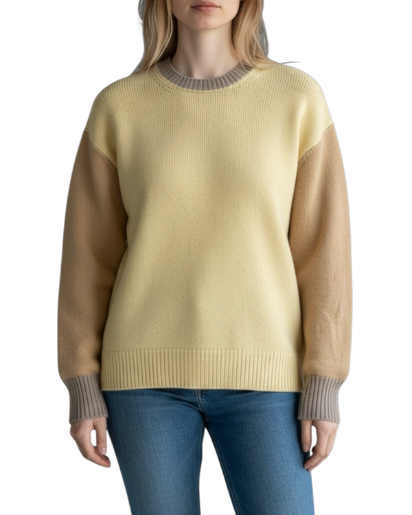 Marni Color-Block Cashmere Crewneck Sweater — Pastel Yellow, Taupe and Brown, Size IT 38 / US 4