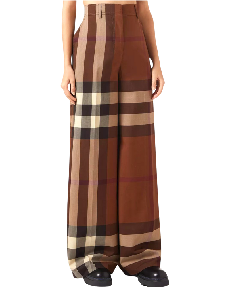 Burberry Brown Divya Check Wide Leg Pants in Wool