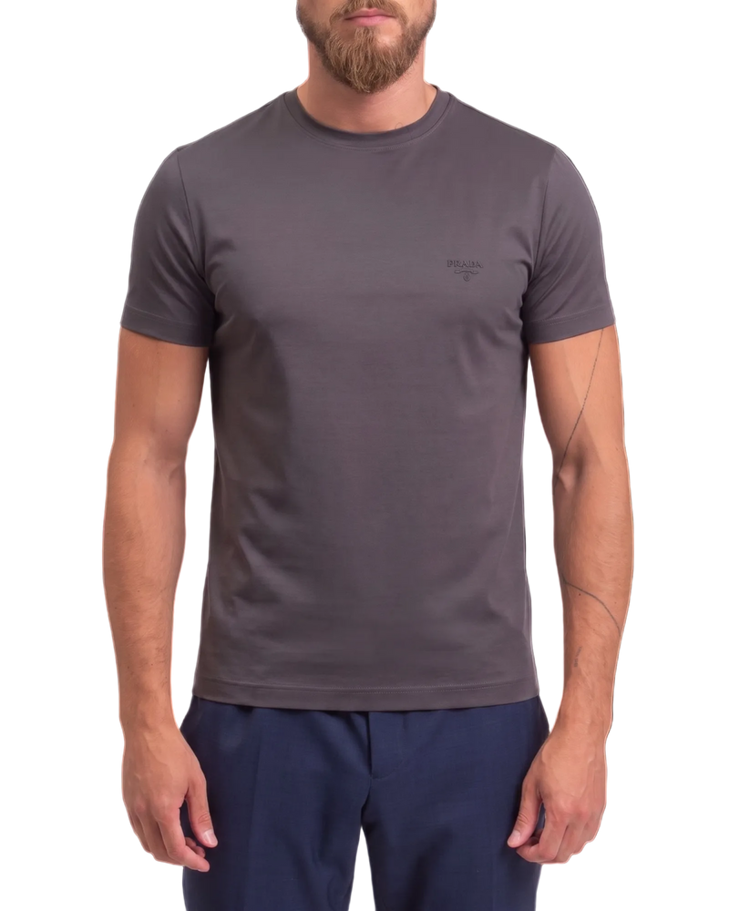 Prada Slim-Fit Logo-Embroidered Stretch Cotton T-Shirt — Grey, Size M