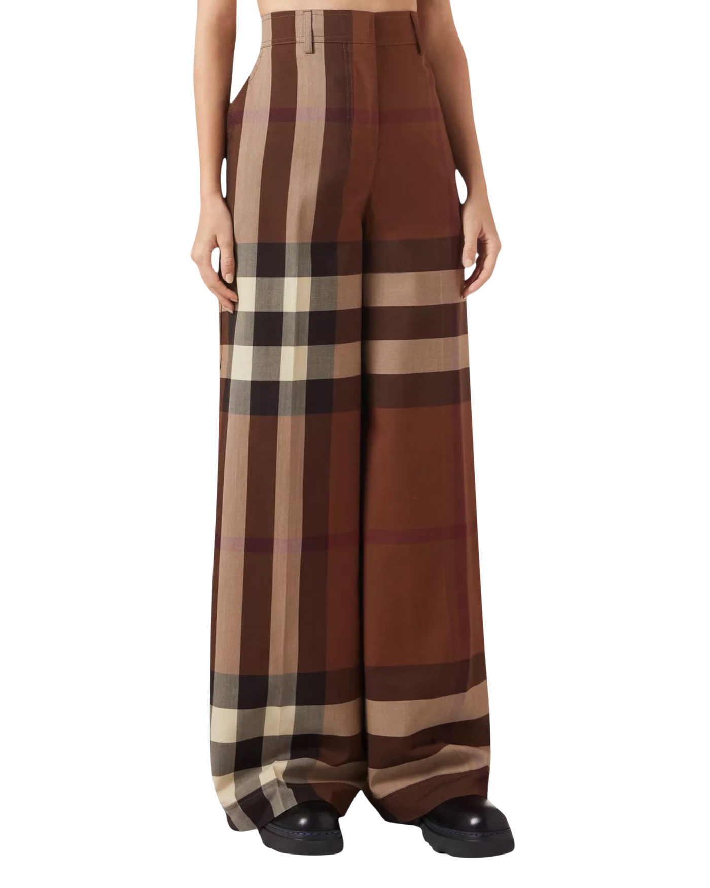 Burberry Divya Check Wide-Leg Wool Trousers — Brown, Size S [US4/IT40]