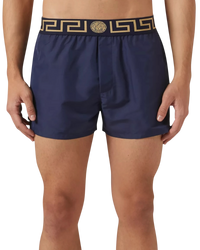 Versace 'Greca Border' Swim Shorts — Navy/Gold, Size 3 / S