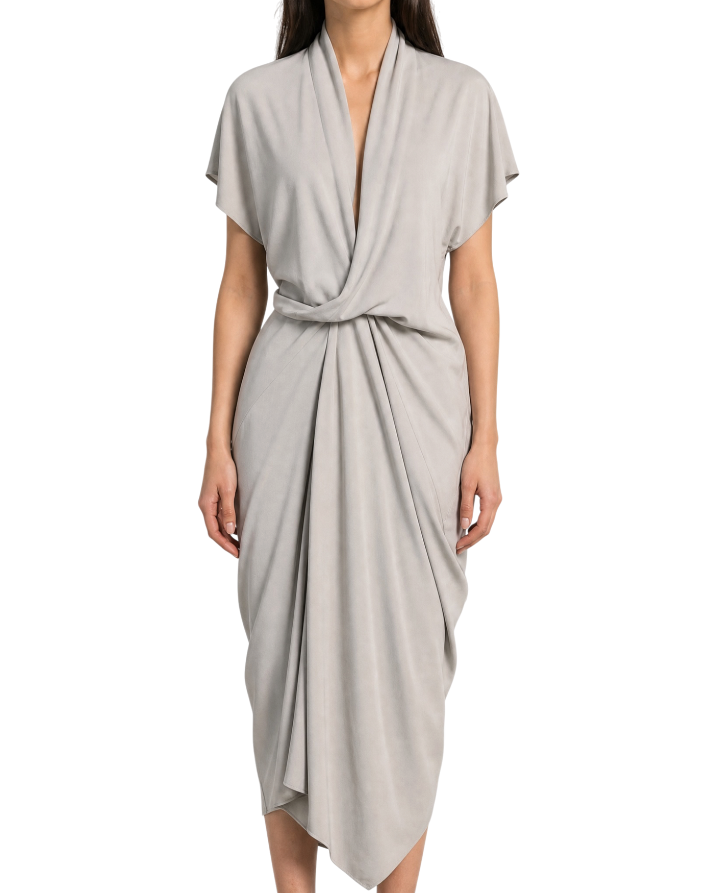 Rick Owens Lido Gathered Wrap-Effect Crepe Midi Dress — Grey, Size IT 40 / US 4