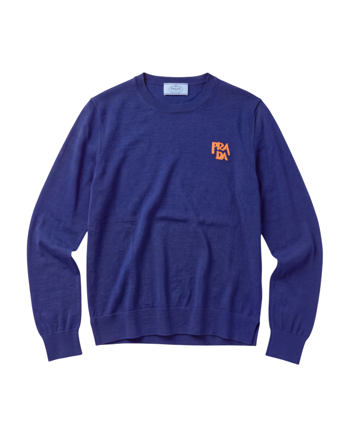 Prada fine-gauge knit crewneck sweater in cobalt, front flat view with orange stacked Prada logo at the chest