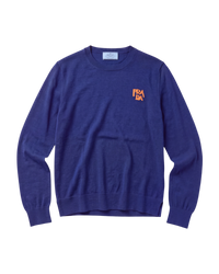Prada fine-gauge knit crewneck sweater in cobalt, front flat view with orange stacked Prada logo at the chest