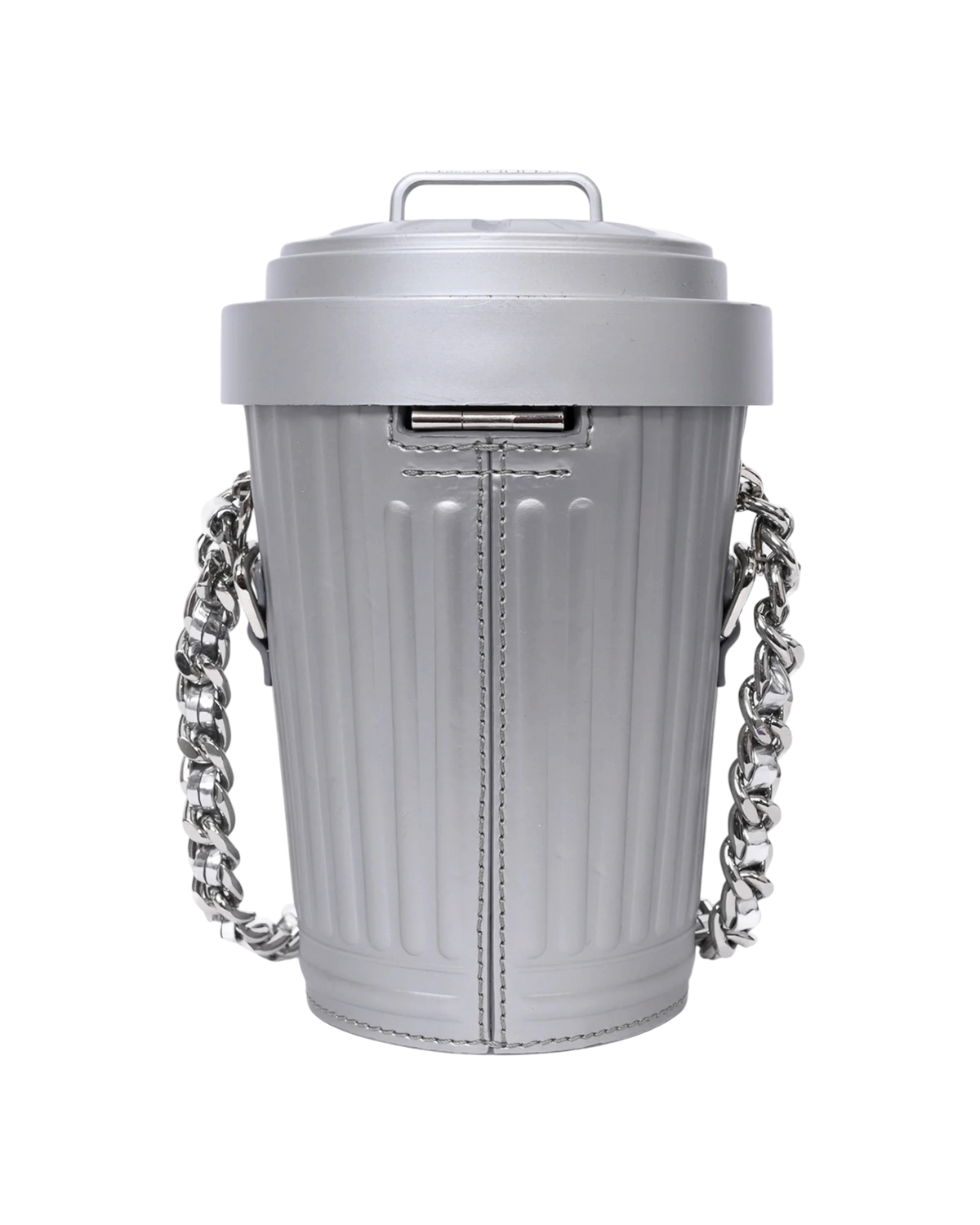 Moschino Trash Can chain shoulder bag in grey, back view with vertical stitched seam and metal lid latch