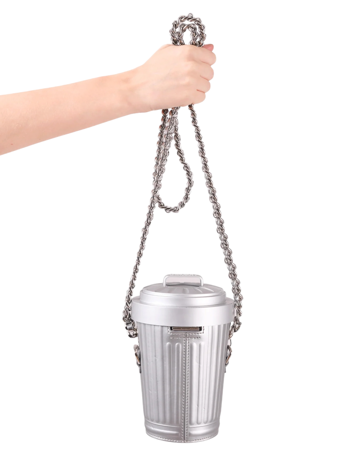 Moschino Trash Can chain shoulder bag in grey held up by its doubled silver chain strap to show full strap length
