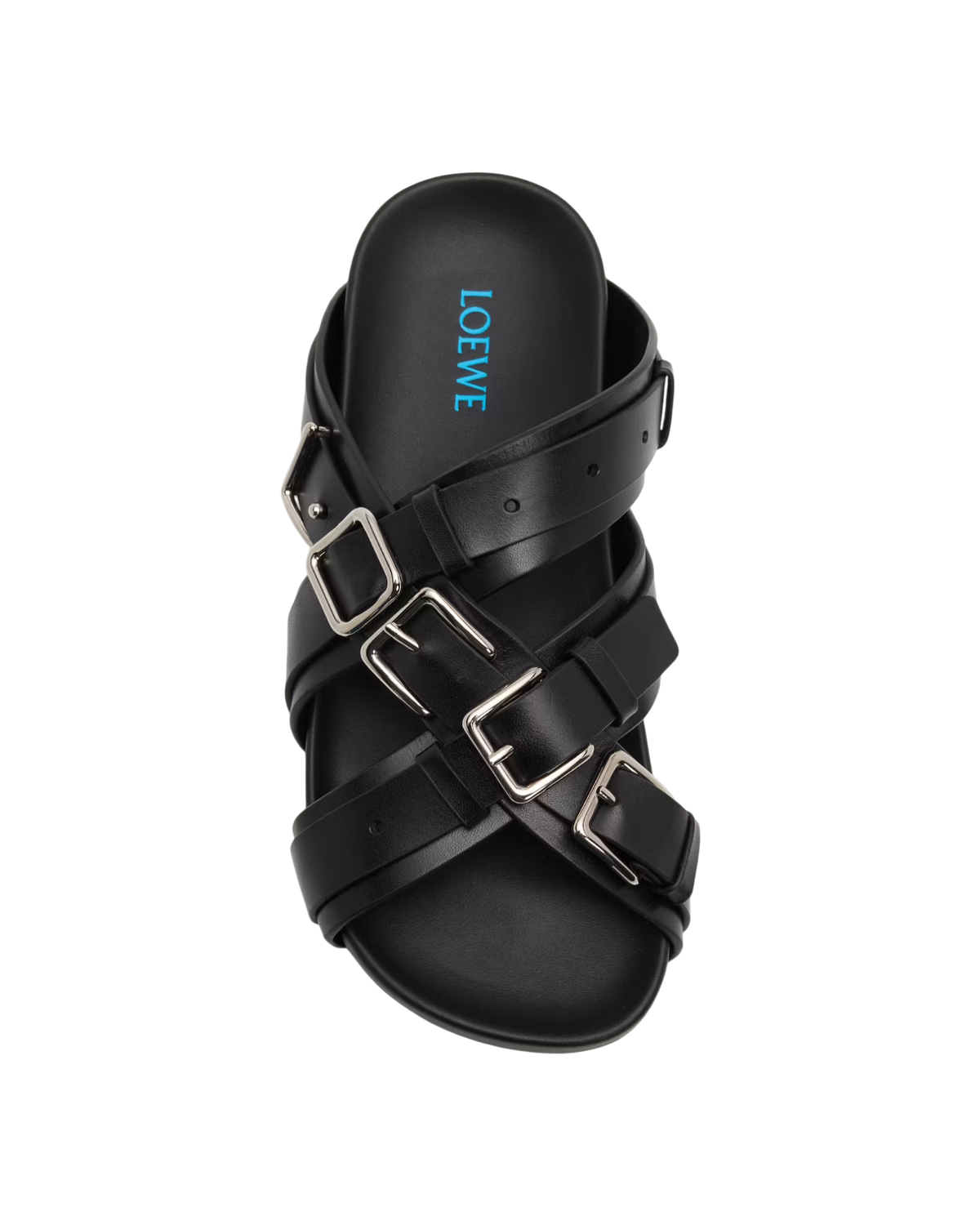 Loewe Type Fussbett sandal in black, top-down view of a single sandal with four silver buckles and blue Loewe logo