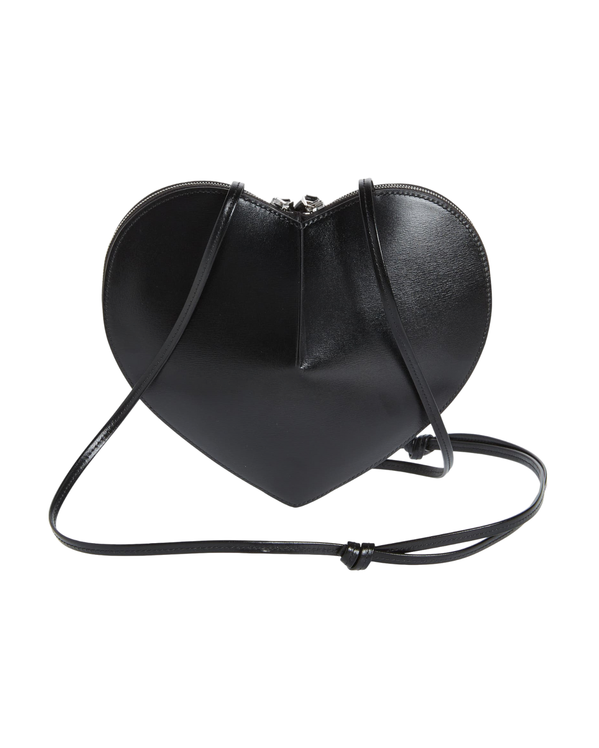 Alaïa Le Coeur leather shoulder bag in black, angled front view with zip top and thin knotted shoulder strap