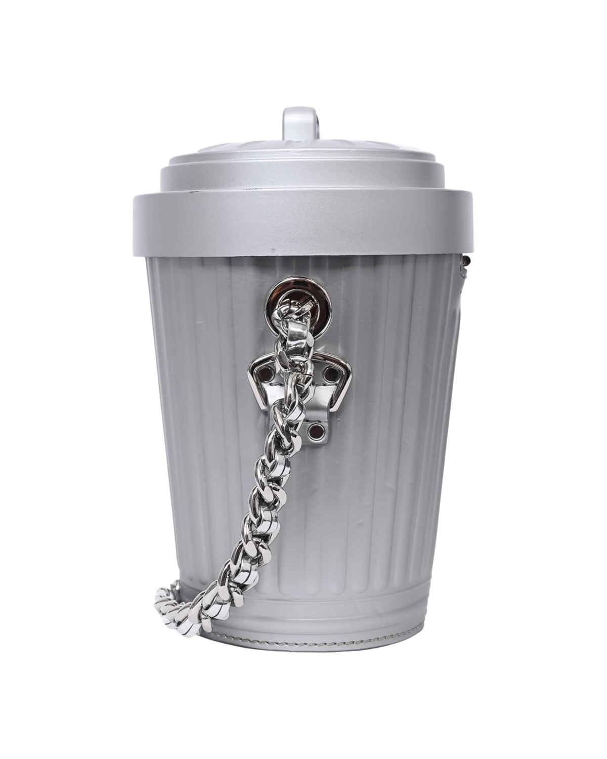 Moschino Trash Can chain shoulder bag in grey, side view showing the silver chain attached with a swivel hardware mount