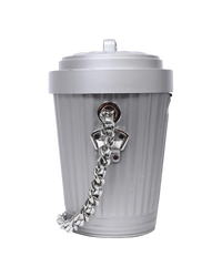 Moschino Trash Can chain shoulder bag in grey, side view showing the silver chain attached with a swivel hardware mount