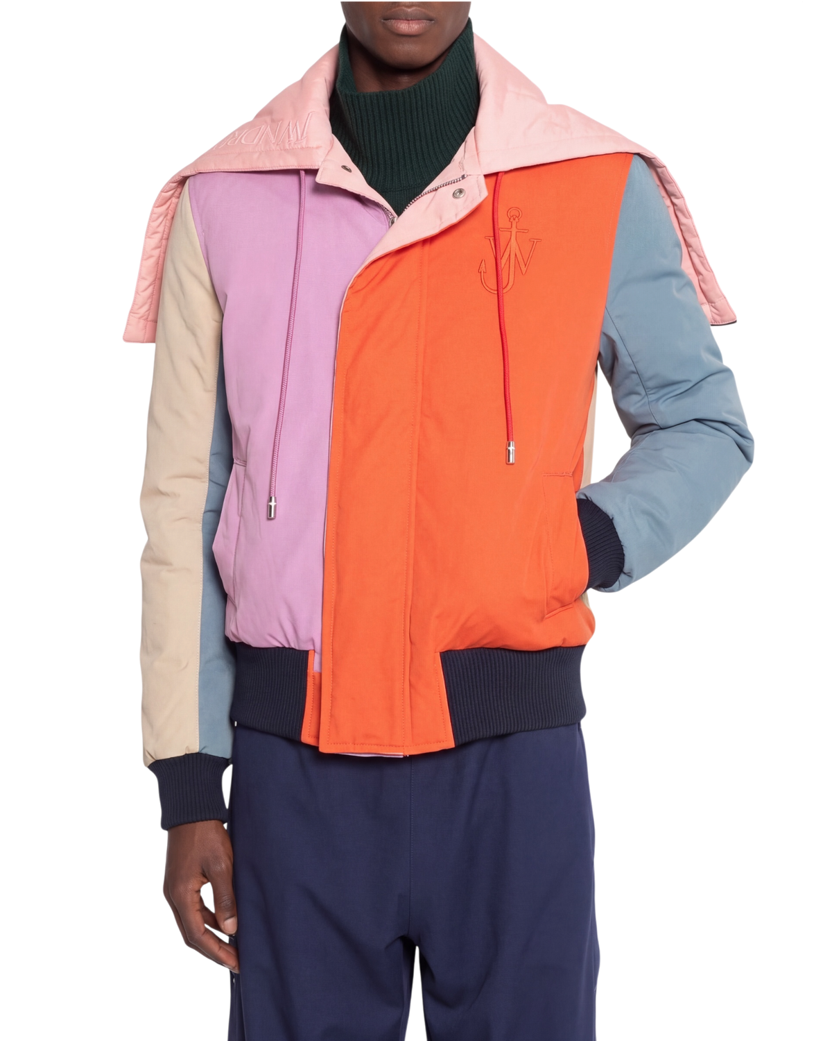 JW Anderson colorblock bomber jacket in multicolor on model, front view with pink, orange, lilac and blue panels