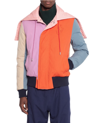 JW Anderson colorblock bomber jacket in multicolor on model, front view with pink, orange, lilac and blue panels