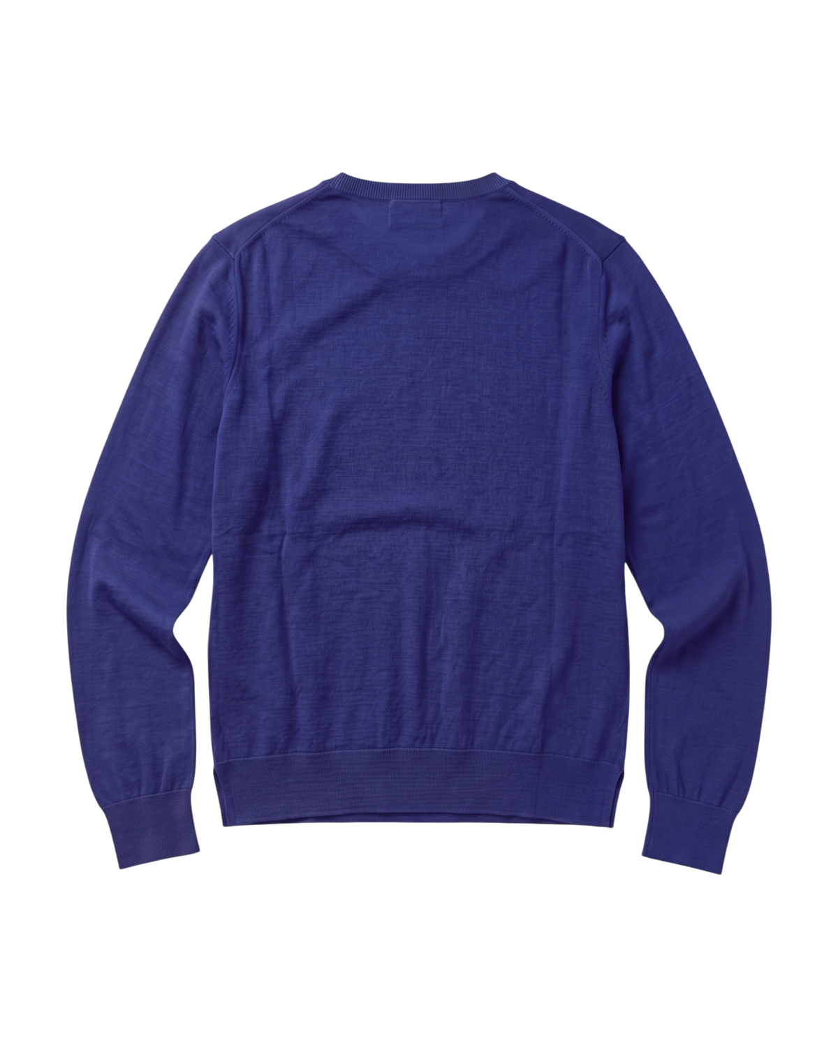Prada fine-gauge knit crewneck sweater in cobalt, back flat view with ribbed crew neck, cuffs and hem