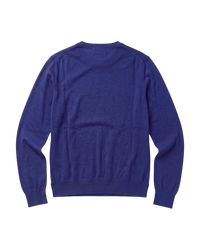 Prada fine-gauge knit crewneck sweater in cobalt, back flat view with ribbed crew neck, cuffs and hem