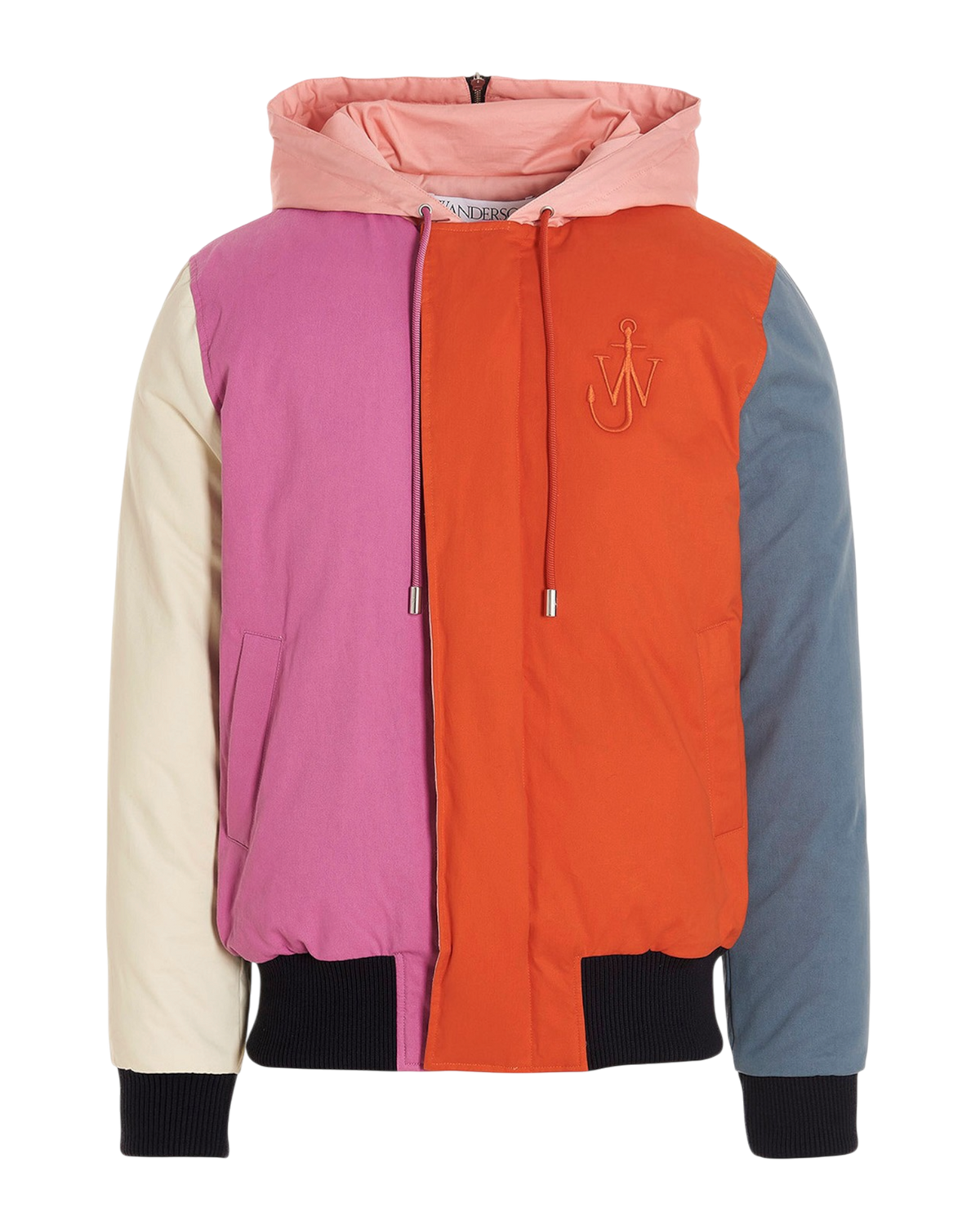 JW Anderson colorblock bomber jacket in multicolor, front view with hood raised, drawcord and anchor logo