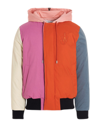 JW Anderson colorblock bomber jacket in multicolor, front view with hood raised, drawcord and anchor logo
