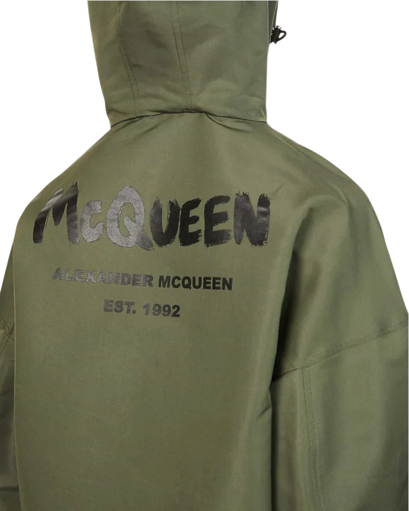 Alexander McQueen Graffiti Logo Nylon Windbreaker — Army Green, Size IT 50 / US 40