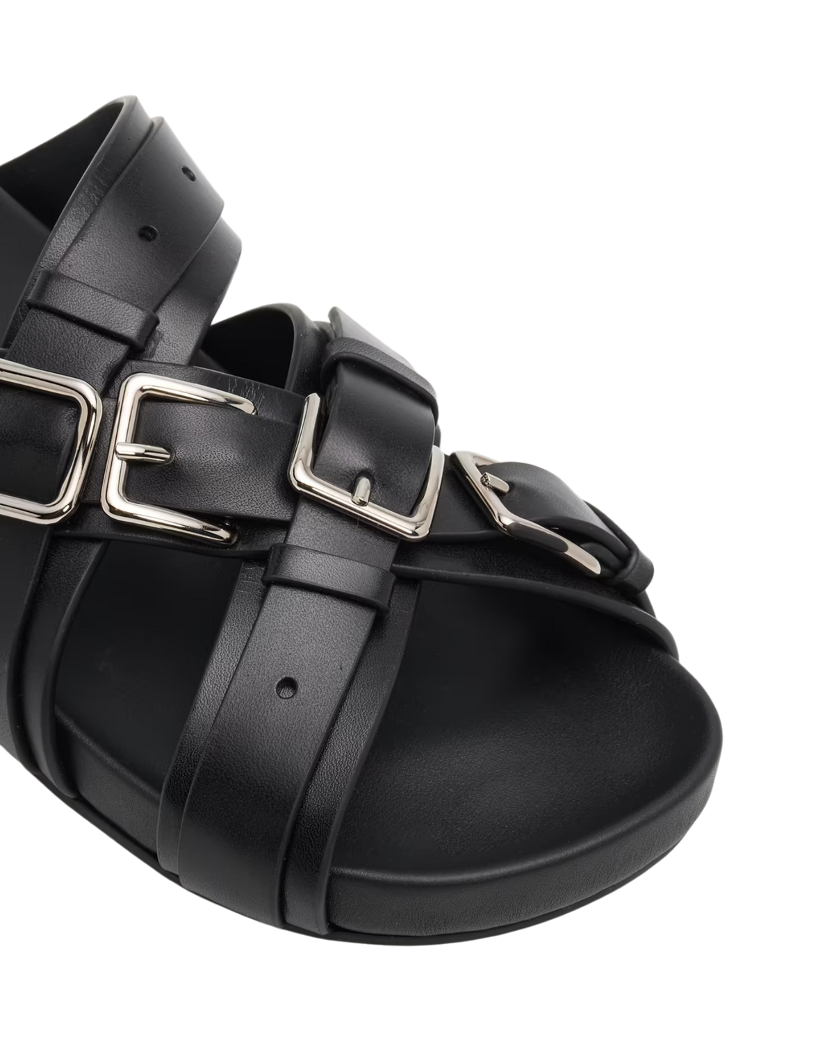 Loewe Type Fussbett sandal in black, detail close-up of the row of silver buckles on the crossed black leather straps