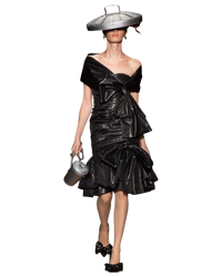 Moschino Trash Can chain shoulder bag in grey on runway model, carried by hand with a black glossy ruffled dress