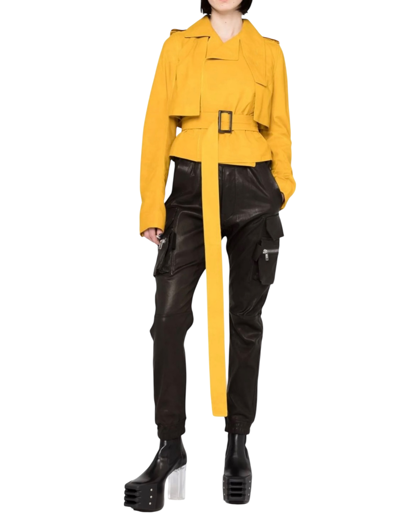 Rick Owens Belted Cropped Trench in Yellow  Suede
