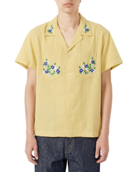 Bode 'Chicory' Bead-Embellished Waffle-Knit Cotton Shirt — Yellow, Size M