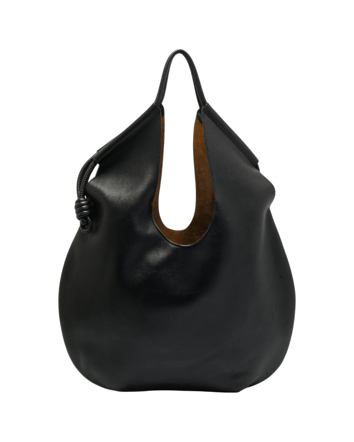Loewe Paseo knotted leather tote in black, side view showing the knotted leather cord gathering the rounded body