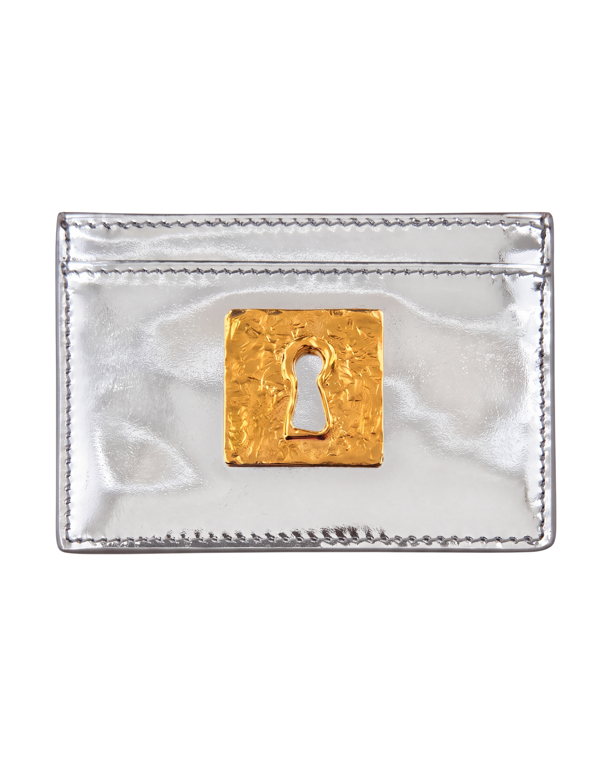 Schiaparelli Keyhole card holder in silver, front flat view of the mirrored leather with a hammered gold keyhole plaque