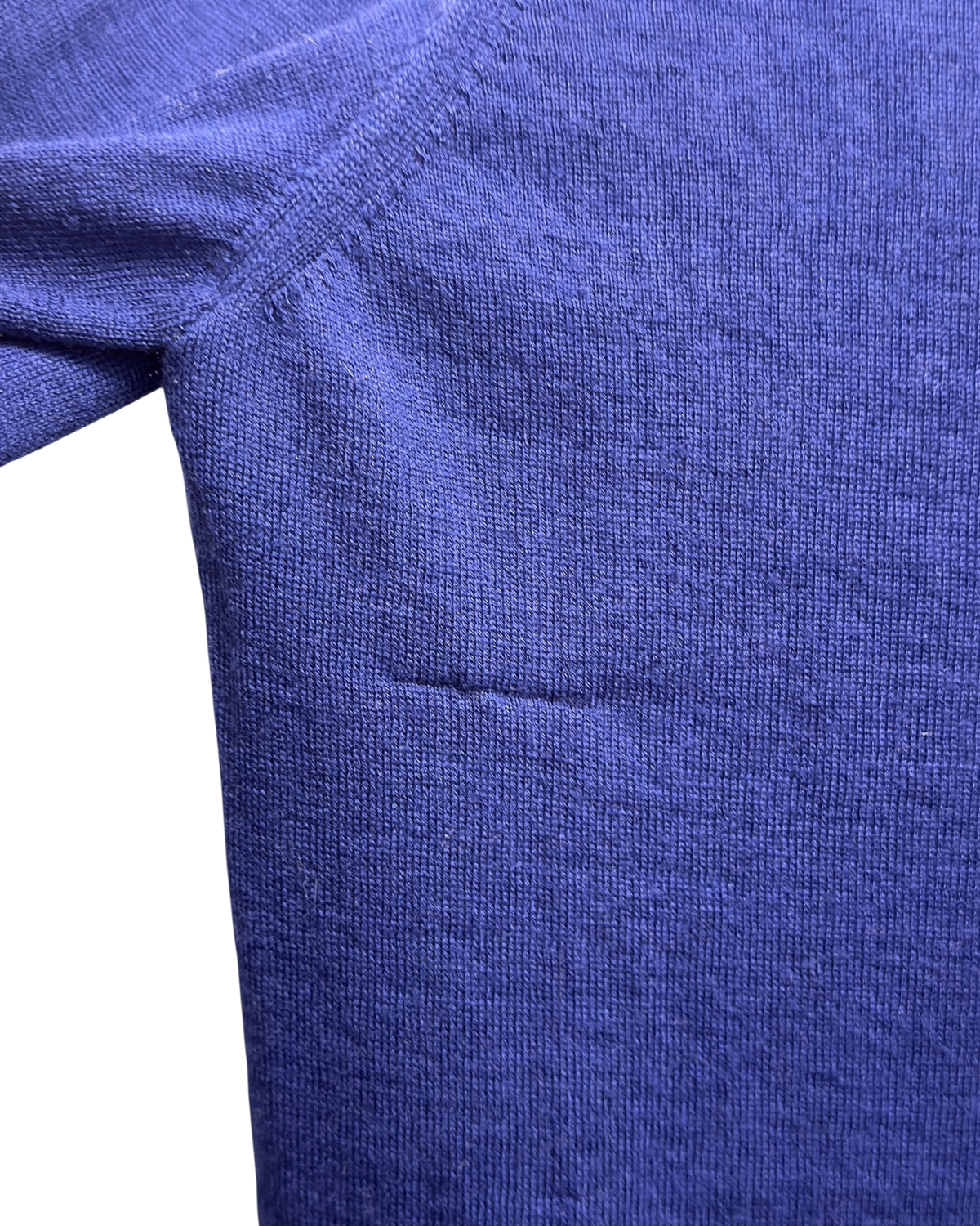 Prada fine-gauge knit crewneck sweater in cobalt, detail close-up of the fine knit near the shoulder seam
