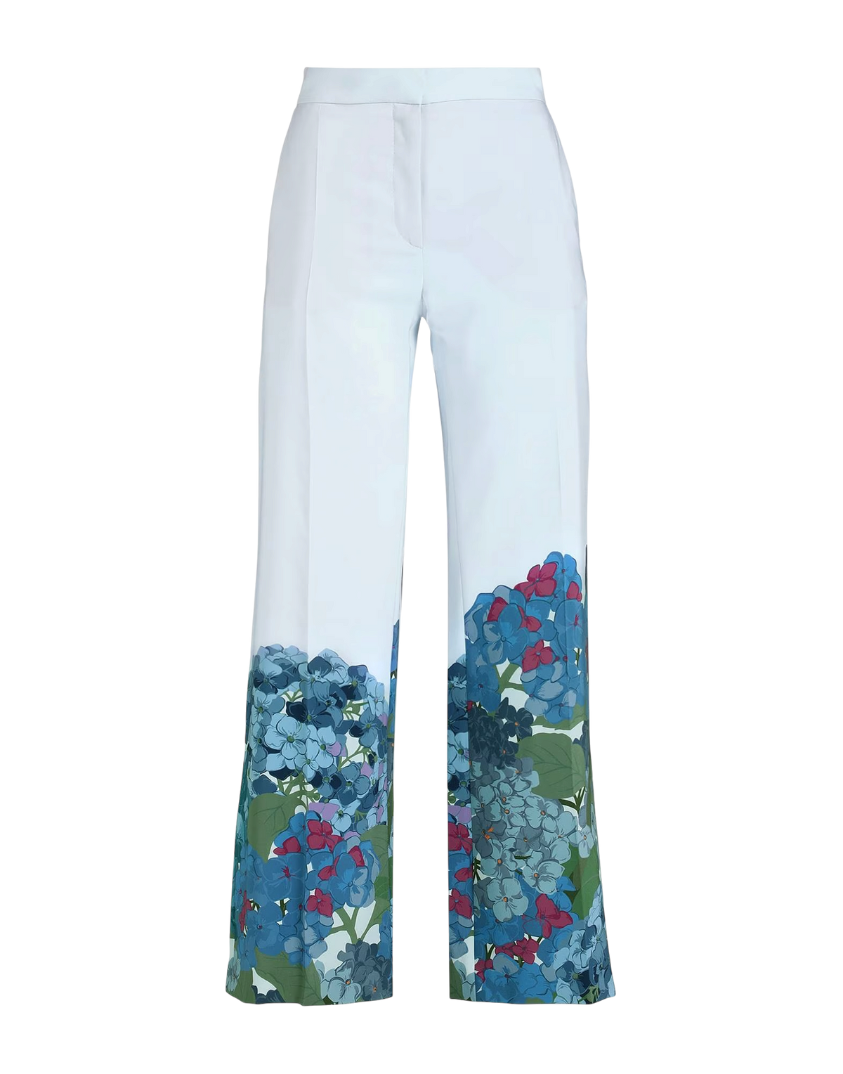 Valentino Garavani Macro Ortensia printed silk flared pants, front flat view with pressed creases and floral hem