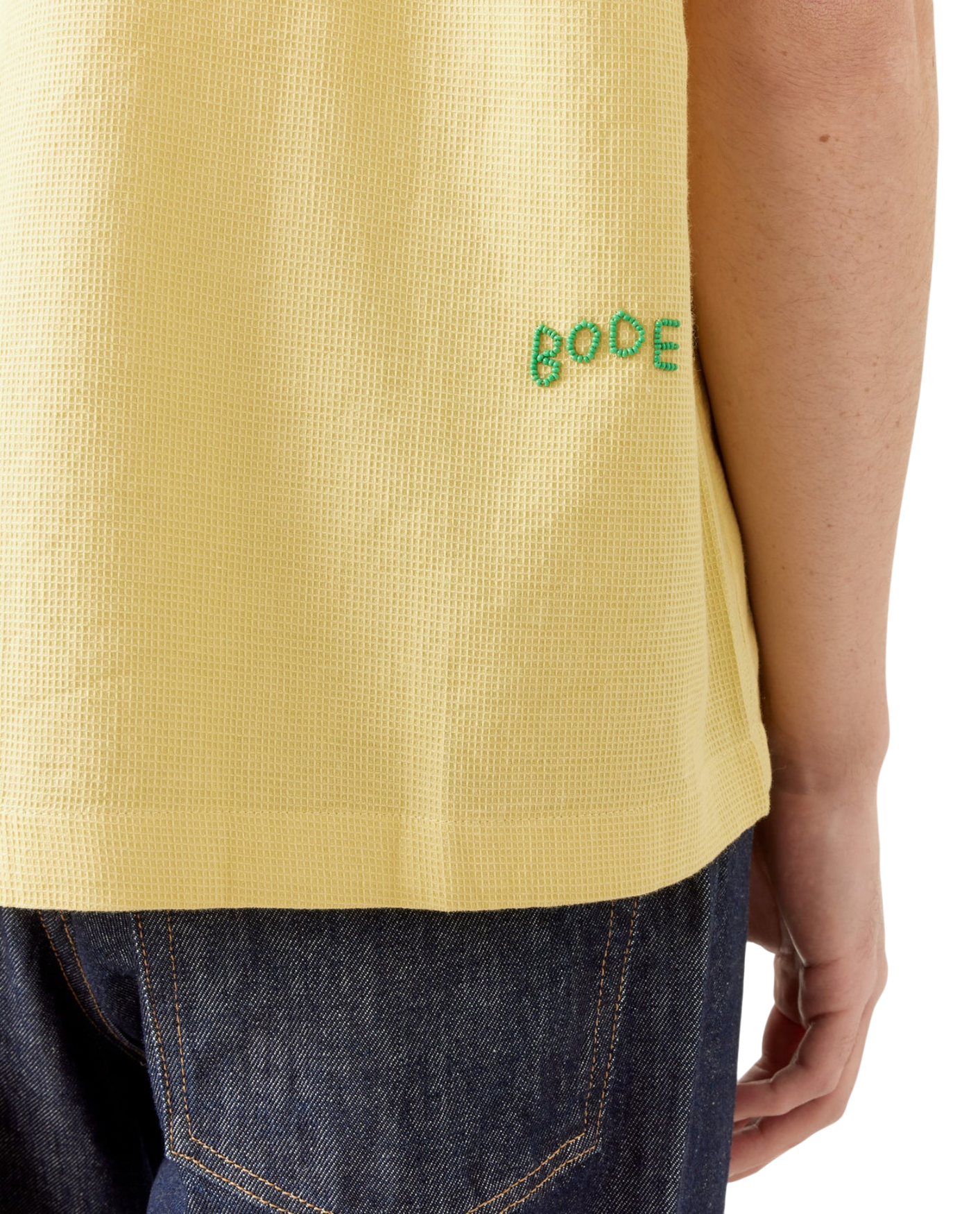 Bode 'Chicory' Bead-Embellished Waffle-Knit Cotton Shirt — Yellow, Size M