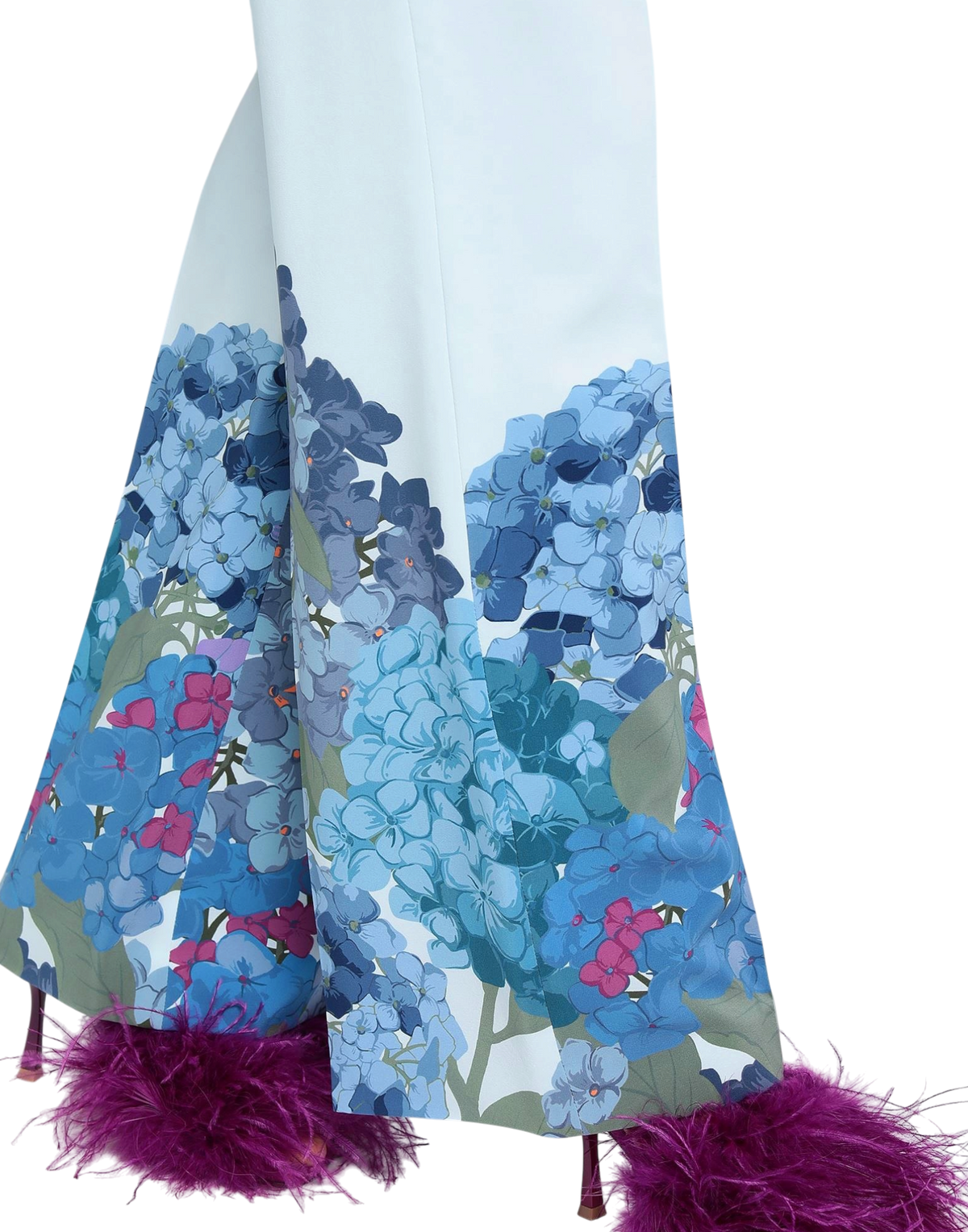 Valentino Garavani Macro Ortensia printed silk flared pants, detail close-up of the blue and pink hydrangea print