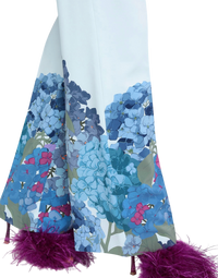 Valentino Garavani Macro Ortensia printed silk flared pants, detail close-up of the blue and pink hydrangea print