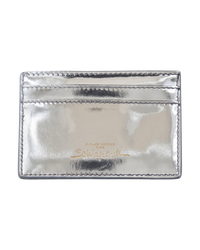 Schiaparelli Keyhole card holder in silver, back view of the metallic leather with gold Schiaparelli script and address stamp