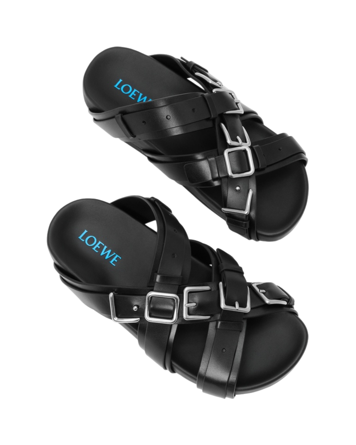 Loewe Type Fussbett sandal in black, top-down view of the pair with silver buckles and blue Loewe logo on the footbeds