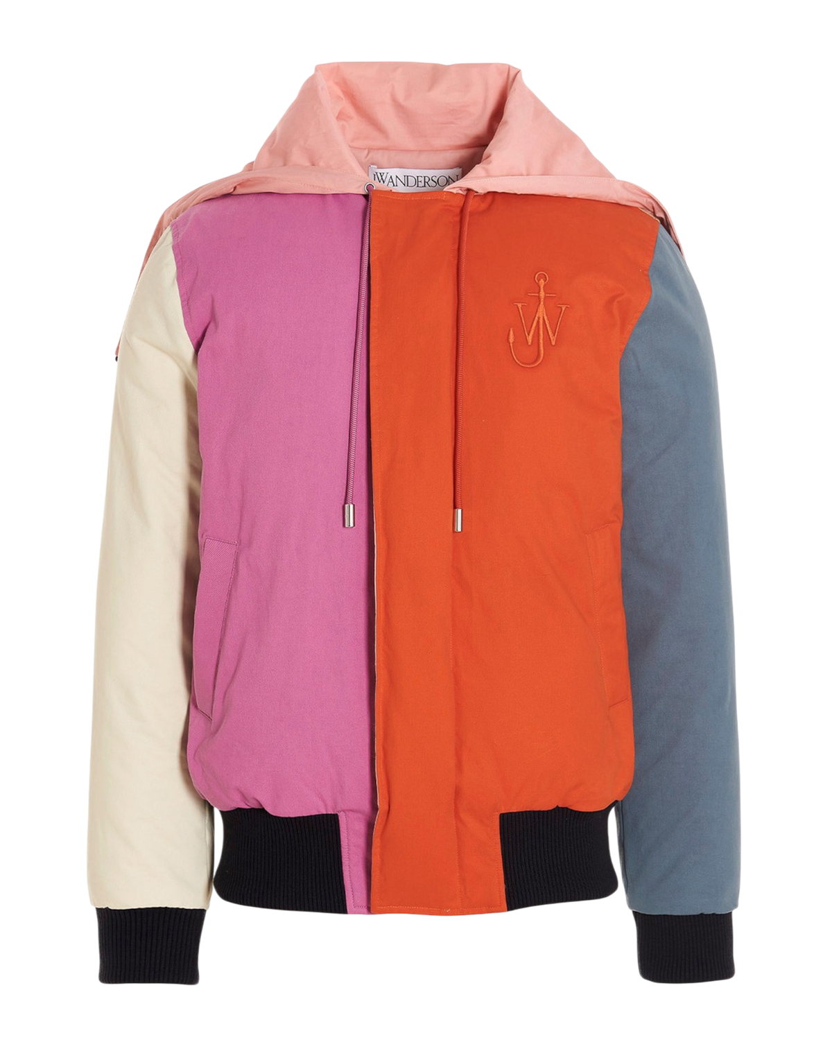 JW Anderson colorblock bomber jacket in multicolor, front view with pink and orange panels and cream and blue sleeves