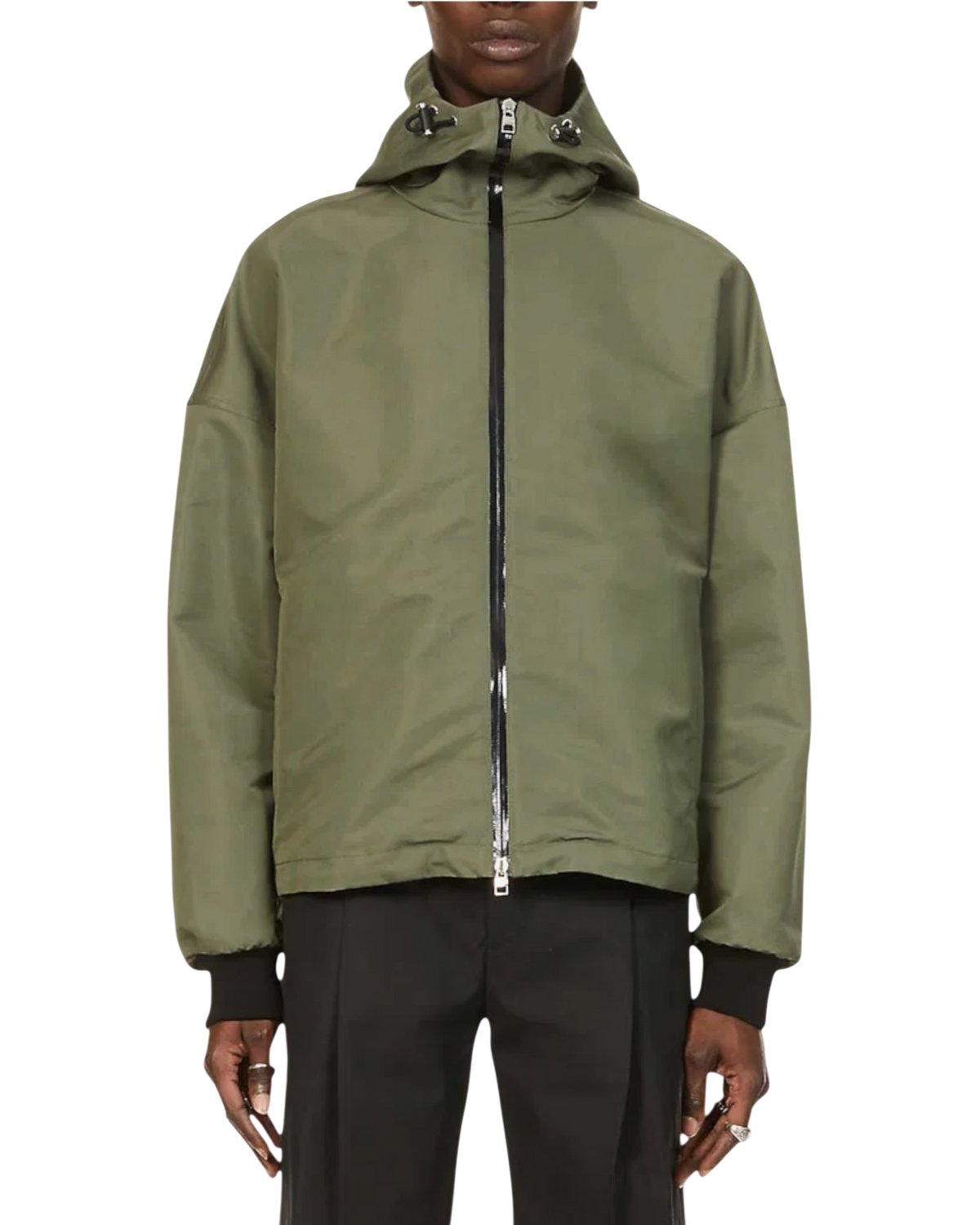 Alexander McQueen Graffiti logo nylon windbreaker in army green on model, front view with hood and full zip