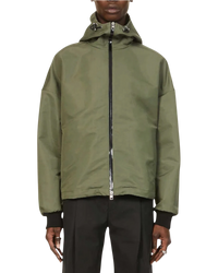 Alexander McQueen Graffiti logo nylon windbreaker in army green on model, front view with hood and full zip