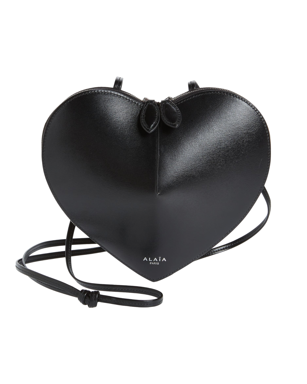 Alaïa Le Coeur leather shoulder bag in black, front flat view of the heart shape with knotted leather tab and logo
