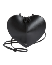 Alaïa Le Coeur leather shoulder bag in black, front flat view of the heart shape with knotted leather tab and logo