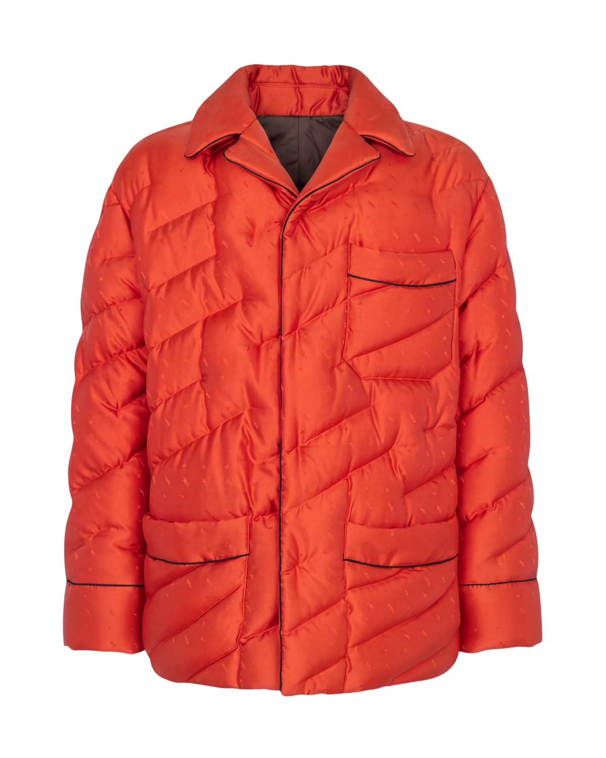 Fendi reversible quilted puffer blouson in bitter orange, front flat view with notch collar and piped flap pockets