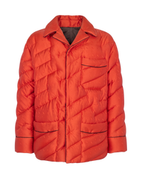 Fendi reversible quilted puffer blouson in bitter orange, front flat view with notch collar and piped flap pockets